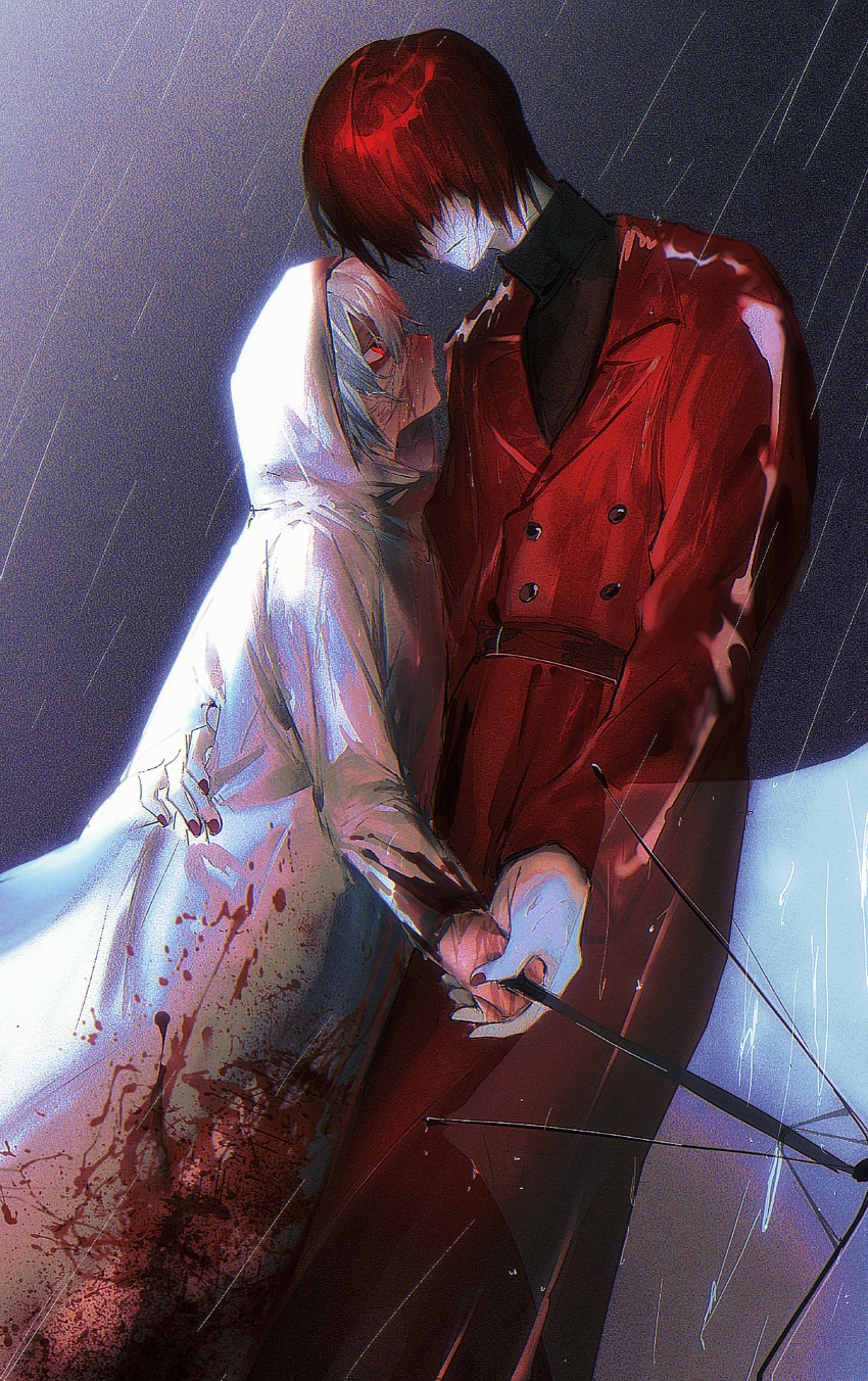 1boy, 1girl, absurdres, blood, blood_on_clothes, blood_on_hands, coat, feet_out_of_frame, grey_hair, hair_over_eyes, hand_on_another's_waist, adashino_adami, hetero, highres, holding, holding_hands, holding_umbrella, homicipher, looking_at_another, mr._scarletella, night, outdoors, qing716328, rain, raincoat, red_coat, red_eyes, red_hair, red_nails, short_hair, transparent, transparent_umbrella, turtleneck, umbrella, wet, white_raincoat
