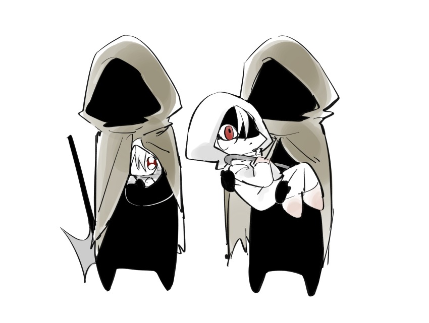 1boy, 1girl, aged_down, axe, brown_cloak, carrying, carrying_person, chibi