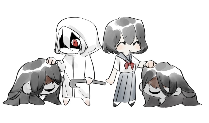 1boy, 1girl, black_hair, black_kimono, chibi, chinese_commentary, commentary_request, crowbar