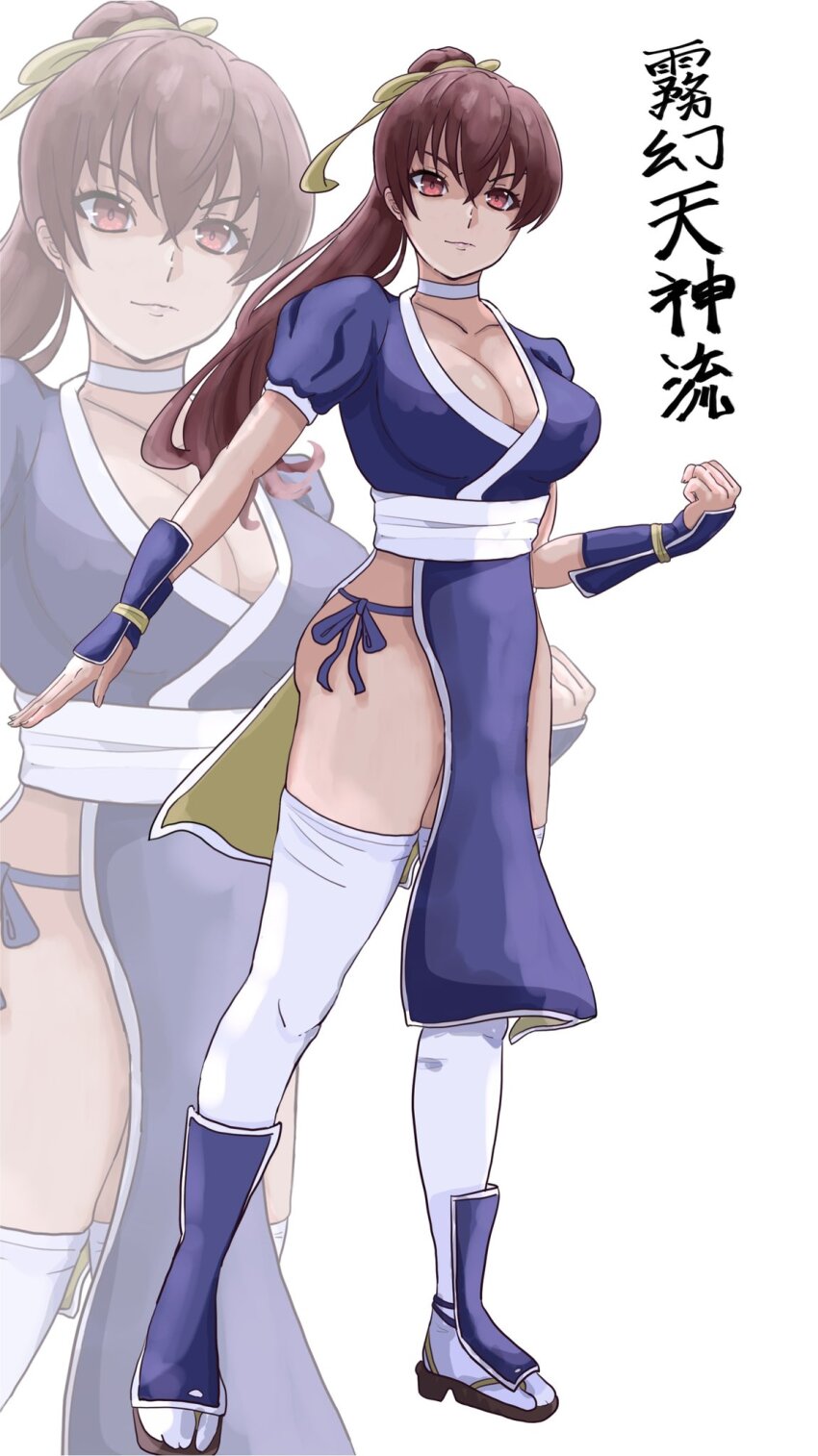 1girl, breasts, brown_eyes, brown_hair, cleavage, dead_or_alive, highres, japanese_text