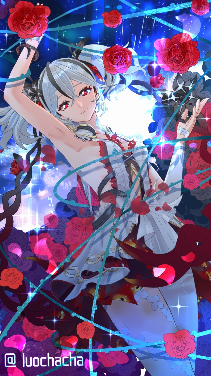 1girl, absurdres, arm_up, armpits, artist_name, asymmetrical_clothes, black_flower, black_ribbon, blake_bloom_(wuthering_waves), breasts, camellya_(wuthering_waves), chinese_commentary, closed_mouth, clothing_cutout, collar, collarbone, commentary_request, cowboy_shot, dress, flower, flower_on_chest, hair_between_eyes, hair_flower, hair_ornament, hair_ribbon, hand_up, highres, light_smile, looking_at_viewer, luochacha, pants, presenting_armpit, red_eyes, red_ribbon, ribbon, short_hair, short_twintails, sideless_dress, single_pantsleg, small_breasts, solo, stomach_cutout, twintails, white_collar, white_dress, white_hair, white_pants, wuthering_waves