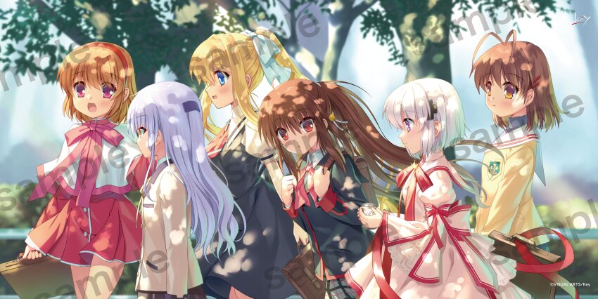 6+girls, :d, absurdres, ahoge, air_(visual_novel), angel_beats!, artist_collaboration, back_bow