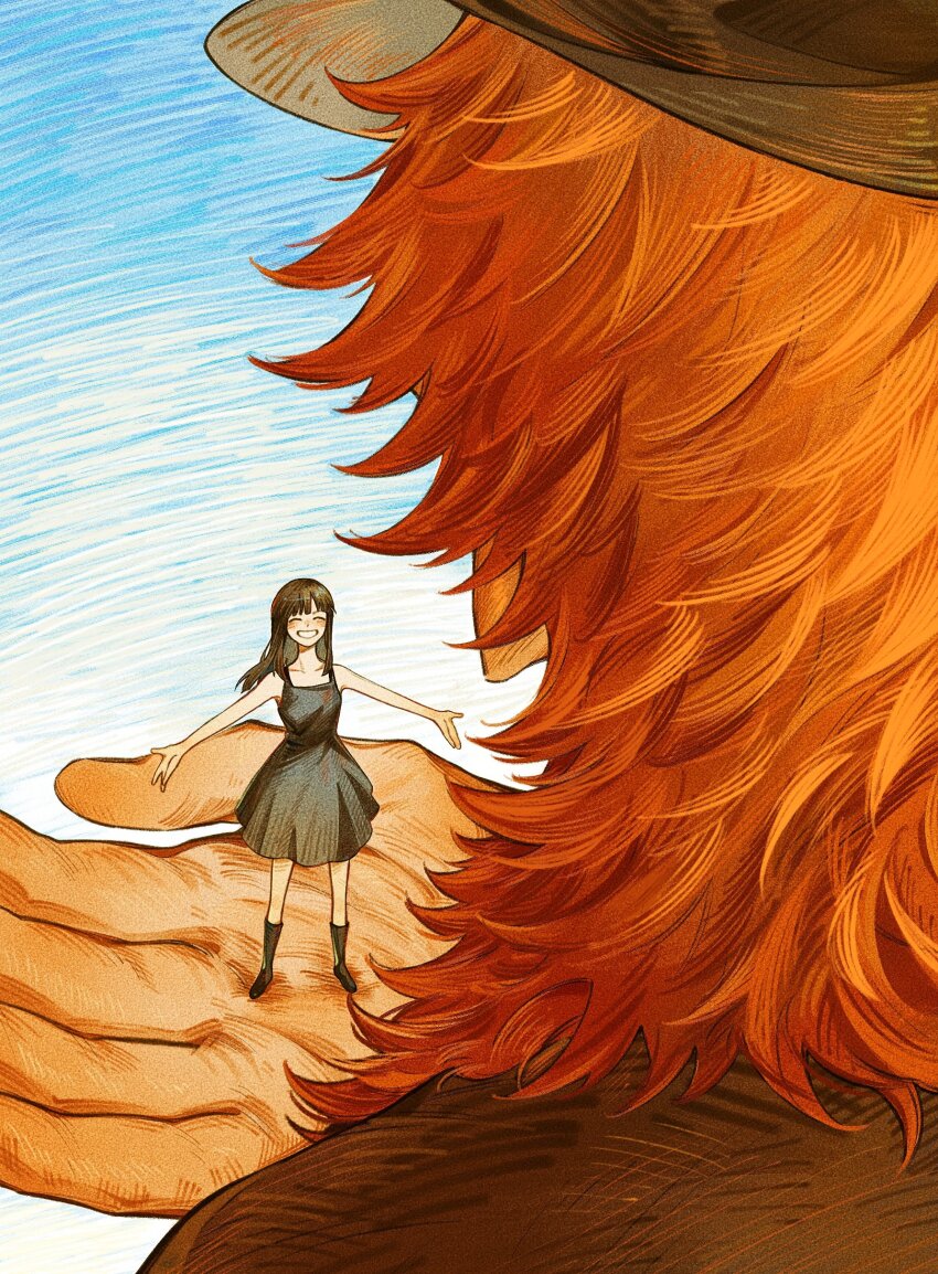 1boy, 1girl, ^_^, absurdres, black_dress, black_footwear, black_hair, blunt_bangs