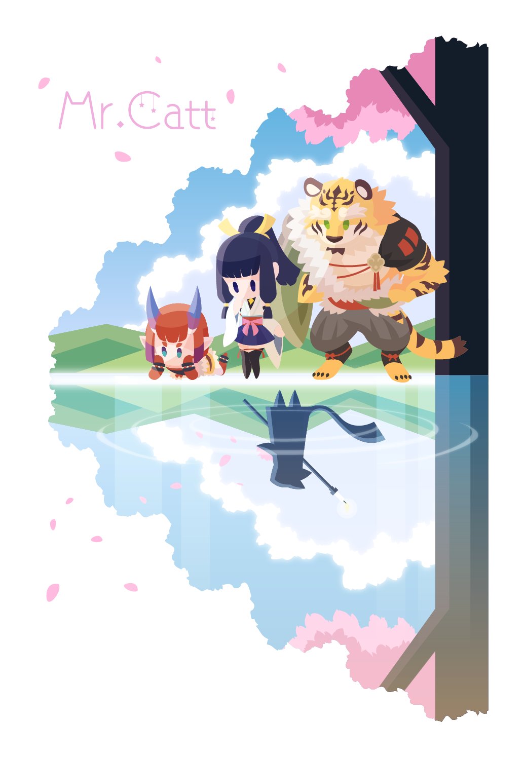 1boy, 2girls, animal_ears, artist_request, cherry_blossoms, chibi, cloud, cloudy_sky