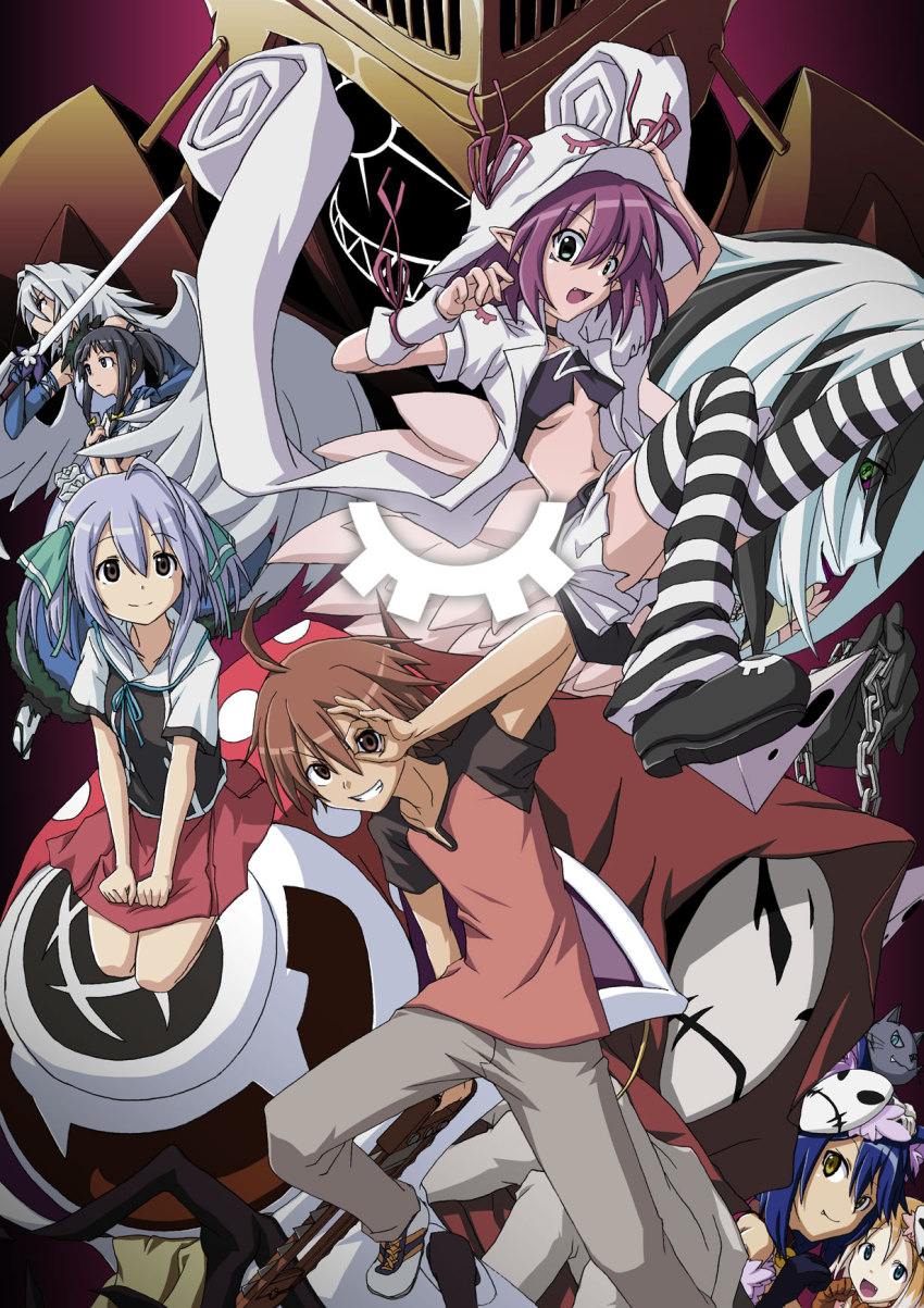 1boy, 6+girls, :3, :d, albireo_(yumekui_merry), animal_ears, armor, black_eyes, black_hair, blue_eyes, blue_hair, breasts, brown_eyes, brown_hair, cat, chain, cyclops, elbow_gloves, engi_threepiece, everyone, fang, fujiwara_yumeji, gloves, green_eyes, grin, hacksaw, helm, helmet, hercules_(yumekui_merry), highres, hood, john_doe_(yumekui_merry), kounagi_yui, landsborough, long_hair, loose_socks, mask, merry_nightmare, midriff, miniskirt, multicolored_hair, multiple_girls, noir_(yumekui_merry), one-eyed, open_mouth, pale_skin, pauldrons, ponytail, purple_hair, raglan_sleeves, saw, school_uniform, shirosame, shoes, shoulder_armor, skirt, smile, sneakers, socks, spica_(yumekui_merry), striped_clothes, striped_legwear, striped_thighhighs, sword, symbol-shaped_pupils, tachibana_isana, thighhighs, twintails, two-tone_hair, underboob, very_long_hair, weapon, white_hair, wings, yellow_eyes, yumekui_merry, zettai_ryouiki