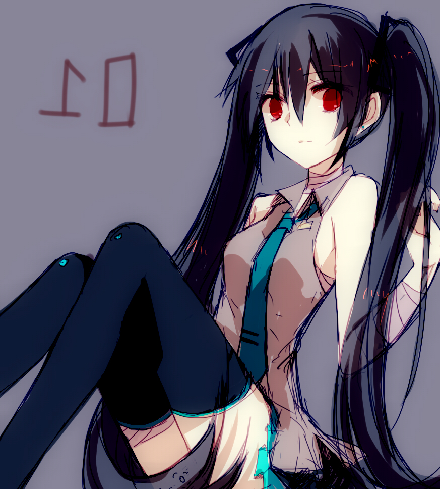 1girl, alternate_hair_color, black_hair, detached_sleeves, female_focus, hatsune_miku, long_hair, necktie