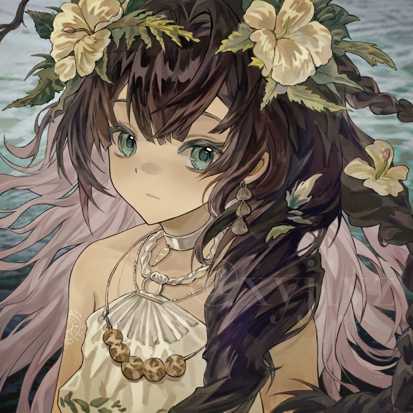 1girl, :/, aqua_eyes, bare_shoulders, black_hair, blue_background, closed_mouth, earrings