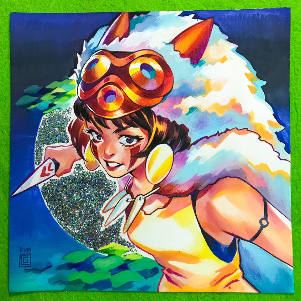 1girl, artist_name, brown_hair, cape, commentary, english_commentary, facepaint, facial_mark, fur_cape, glitter_(medium), gouache_(medium), holding, holding_weapon, jewelry, mononoke_hime, necklace, painting_(medium), parted_lips, rian_gonzales, san_(mononoke_hime), short_hair, sleeveless, solo, tooth_necklace, traditional_media, weapon