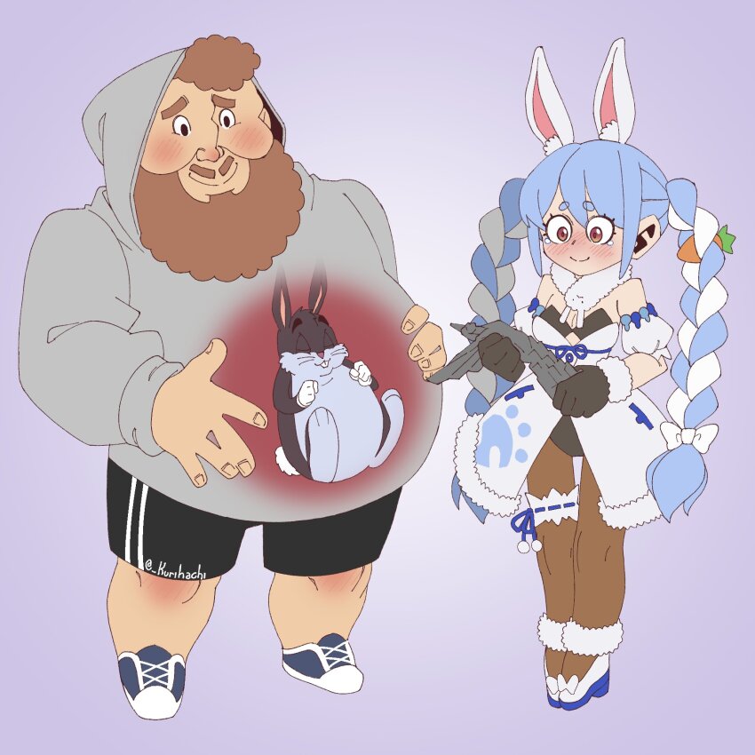 1girl, 2boys, \||/, animal_ear_fluff, animal_ears, beard, big_chungus_(meme), black_shorts