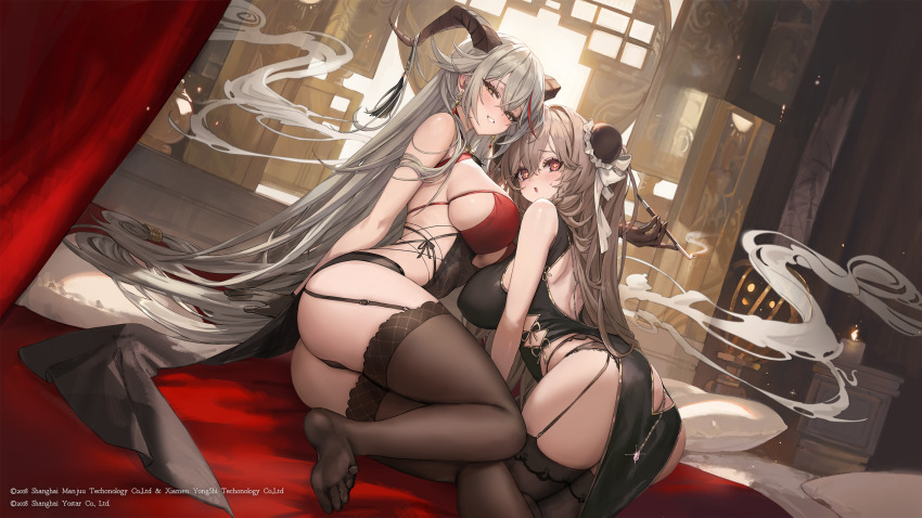 2girls, absurdres, aegir_(azur_lane), aegir_(golden_dragon_among_auspicious_clouds)_(azur_lane), anchorage_(azur_lane), anchorage_(moonlit_boat_ride)_(azur_lane), ass, ass_cutout, azur_lane, back_cutout, black_garter_straps, black_horns, breasts, bun_cover, butt_crack, china_dress, chinese_clothes, clothing_cutout, demon_girl, demon_horns, double_bun, dress, framed_breasts, freng, garter_straps, grey_hair, hair_between_eyes, hair_bun, hair_spread_out, highres, horn_ornament, horns, lace, lace-trimmed_thighhighs, lace_trim, large_breasts, multicolored_hair, multiple_girls, official_alternate_costume, red_hair, sideboob, sideless_outfit, smile, streaked_hair, thighhighs, thighs