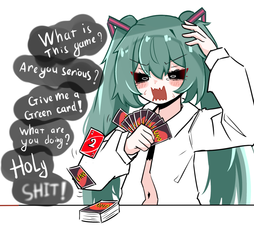 1girl, aqua_hair, bags_under_eyes, black_bra, black_sclera, borrowed_clothes, bra, card