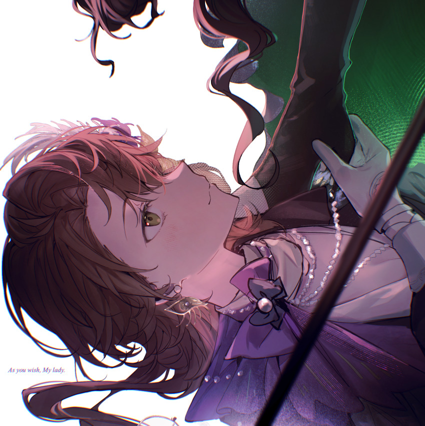 2girls, black_footwear, black_hair, blurry, blurry_foreground, boots, brown_hair, english_text, feather_hair_ornament, feathers, footwear_focus, from_side, green_eyes, hair_ornament, hand_on_another's_foot, high_heel_boots, high_heels, highres, isolde_(and_all_that_jazz)_(reverse:1999), isolde_(reverse:1999), jacket, kakania_(reverse:1999), kakania_(seminars_on_serenity)_(reverse:1999), looking_at_another, lying, multiple_girls, muonrei00, neckerchief, on_back, profile, purple_jacket, purple_neckerchief, reverse:1999, shirt, smile, solo_focus, stepped_on, stiletto_boots, stiletto_heels, upper_body, white_feathers, white_shirt, yuri