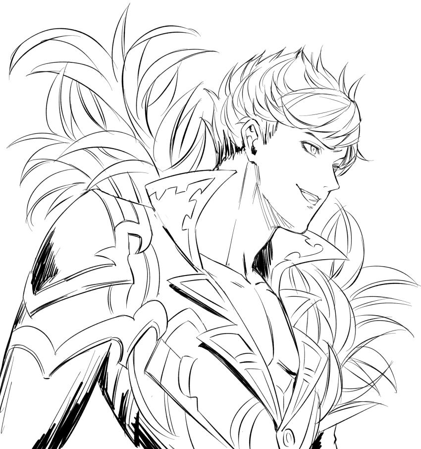 1boy, bacon_828, belial_(granblue_fantasy), commentary_request, feathers, from_side, granblue_fantasy, greyscale