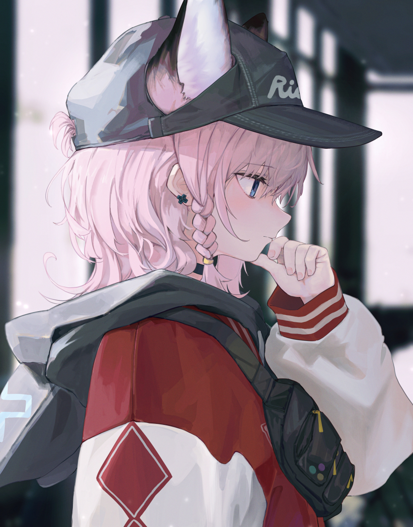 1girl, absurdres, arknights, blue_eyes, blurry, blurry_background, braid, closed_mouth