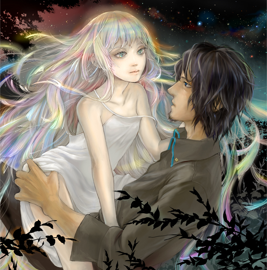 1boy, 1girl, 8981, bad_id, bad_pixiv_id, black_hair, blue_eyes, dress