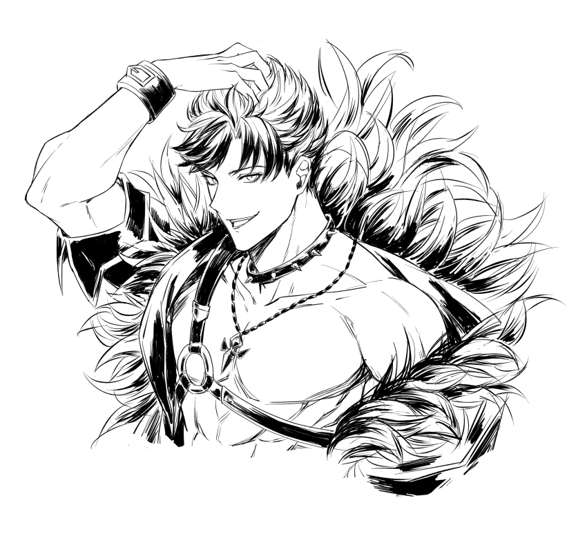 1boy, abs, alternate_costume, arm_up, bacon_828, bare_pectorals, belial_(granblue_fantasy), belial_(summer)_(granblue_fantasy)