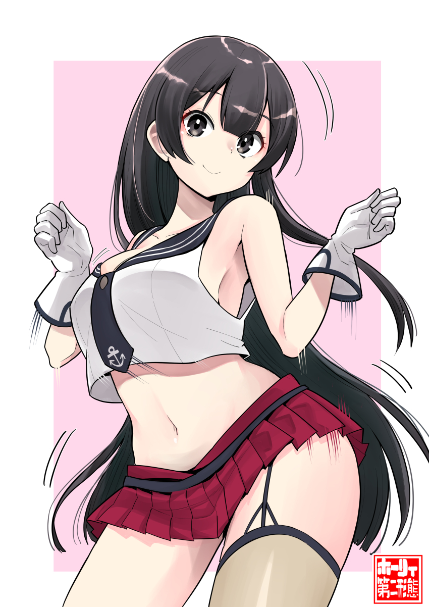 1girl, absurdres, agano_(kancolle), anchor_symbol, artist_logo, asymmetrical_legwear, black_hair, black_sailor_collar