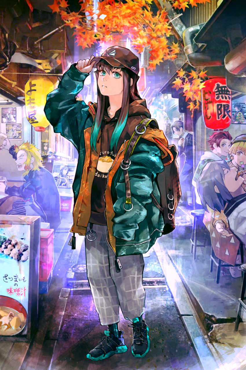 1girl, 6+boys, absurdres, agatsuma_zenitsu, aqua_eyes, aqua_hair, autumn_leaves, backpack