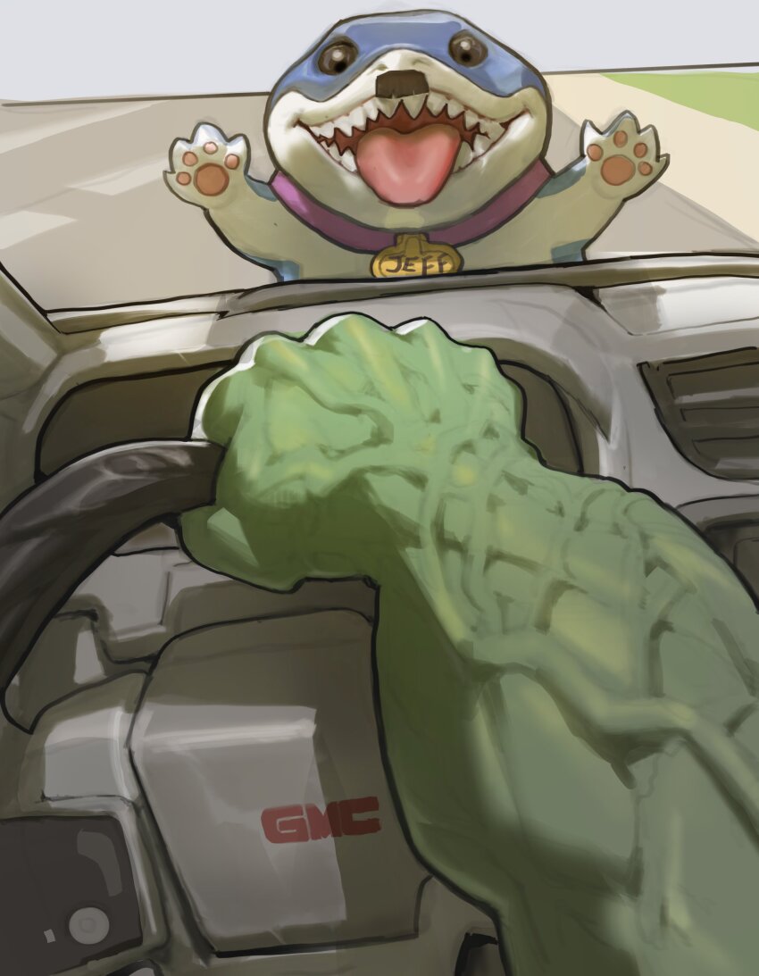 1boy, absurdres, animal_collar, chad_driver_(meme), collar, colored_skin, driving, facial_hair, green_skin, highres, holding_steering_wheel, hulk, jeff_(marvel), marvel, marvel_rivals, meme, mustache, pacpoi, road, shark, sharp_teeth, teeth