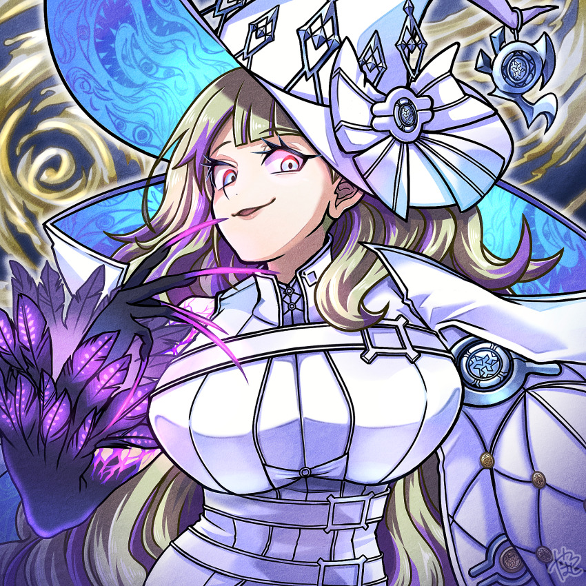 1girl, abstract_background, alternate_eye_color, arm_out_of_frame, asymmetrical_sleeves, black_gloves, blonde_hair, blue_eyes, blunt_bangs, bodysuit, breasts, cape, chest_strap, commentary_request, diabellze_the_original_sinkeeper, duel_monster, elbow_gloves, eye_print, feathers, finger_to_mouth, gloves, hat, hat_ornament, highres, large_breasts, long_hair, looking_at_viewer, mouth_print, multicolored_hair, parted_lips, purple_feathers, purple_hair, purple_nails, smile, solo, two-tone_hair, upper_body, very_long_fingernails, very_long_hair, white_bodysuit, white_cape, white_hat, white_straps, witch_hat, yatsuhashi_(partyanthem), yu-gi-oh!