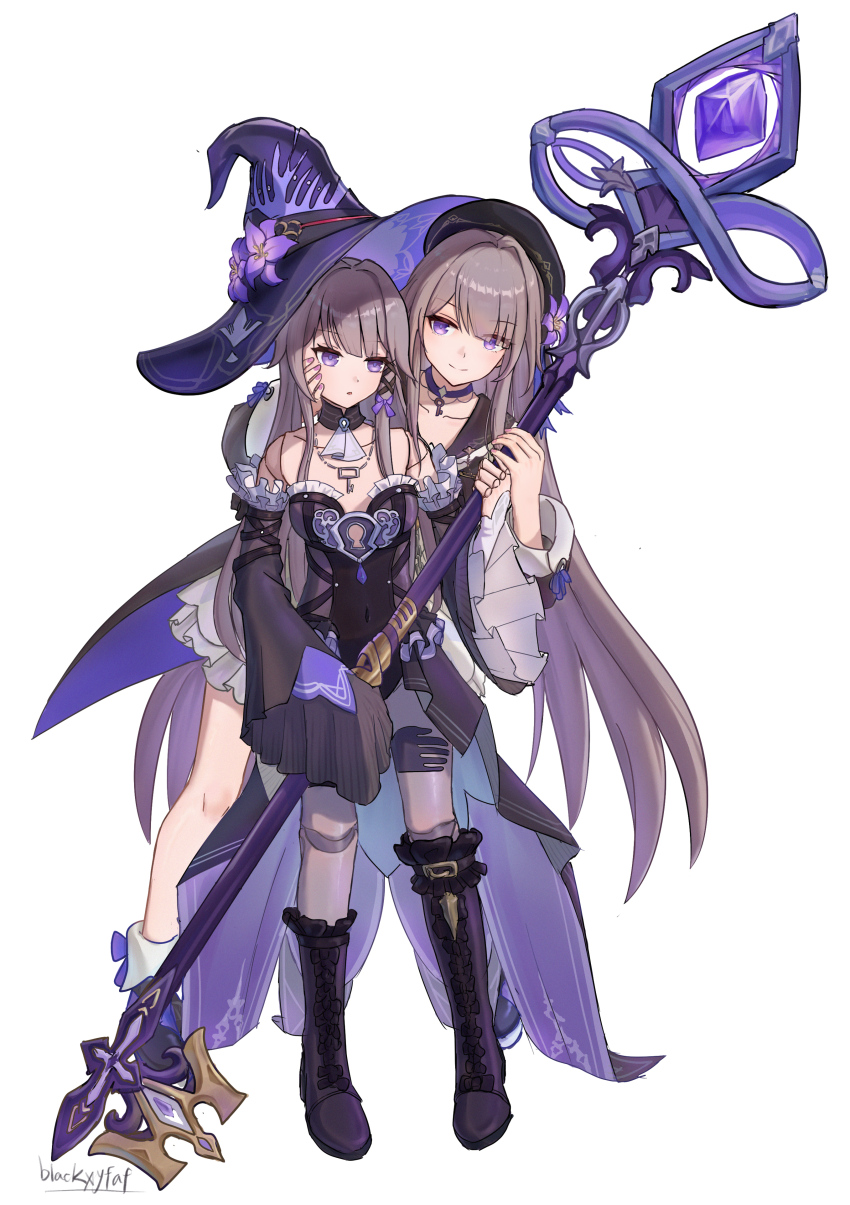 2girls, absurdres, asymmetrical_footwear, beret, black_hat, black_sleeves, blackxyfaf, boots