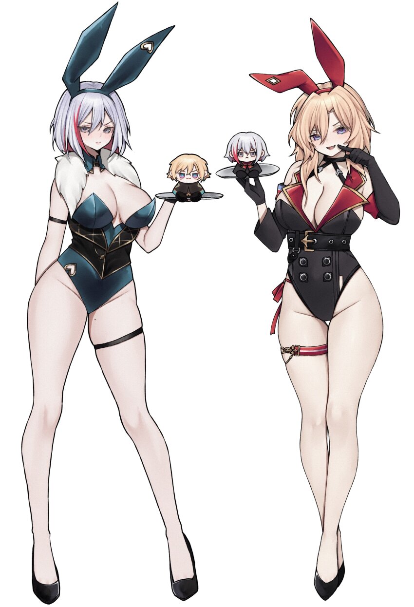 2girls, absurdres, adapted_costume, animal_ears, aqua_leotard, aventurine_(honkai:_star_rail), aventurine_(honkai:_star_rail)_(cosplay), bare_legs, black_footwear, black_gloves, black_leotard, blonde_hair, breasts, cleavage, commentary, cosplay, costume_switch, fake_animal_ears, fang, full_body, fur-trimmed_leotard, fur_trim, genderswap, genderswap_(mtf), gloves, grey_eyes, grey_hair, high_heels, highres, holding, holding_plate, honkai:_star_rail, honkai_(series), large_breasts, legs, leotard, miclipse, multicolored_hair, multiple_girls, plate, playboy_bunny, purple_eyes, rabbit_ears, red_hair, short_hair, simple_background, skin_fang, thigh_strap, topaz_(honkai:_star_rail), topaz_(honkai:_star_rail)_(cosplay), two-tone_hair, white_background