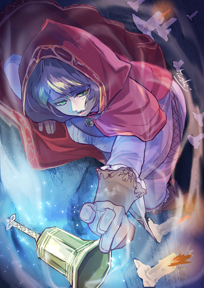 1girl, bell, blonde_hair, boots, brooch, brown_boots, brown_gloves, candle, candlelight, cape, commentary_request, dress, elden_ring, fire, gloves, green_eyes, hazuki_yu-chi, hood, hood_up, hooded_cape, jewelry, lips, long_sleeves, lying, parted_lips, pink_lips, red_cape, roderika_(elden_ring), short_hair, solo, white_dress