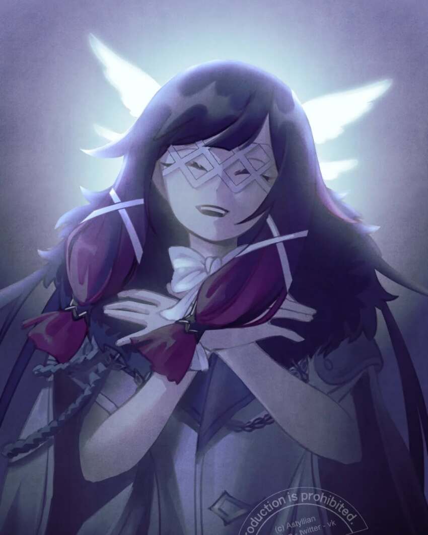 1girl, aiguillette, artist_name, astyllian, backlighting, black_hair, blunt_bangs, blunt_tresses, bow, bowtie, closed_eyes, coat, columbina_(genshin_impact), covering_chest, covering_privates, cowlick, eye_mask, eyelashes, fatui_coat, fur-trimmed_coat, fur-trimmed_collar, fur_collar, fur_trim, genshin_impact, grey_background, hair_ribbon, head_wings, highres, long_hair, mask, multicolored_hair, open_hands, open_mouth, red_hair, ribbon, solo, streaked_hair, teeth, tress_ribbon, upper_teeth_only, watermark, white_bow, white_bowtie, white_coat, white_ribbon, white_wings, wings, x-shaped_eyewear