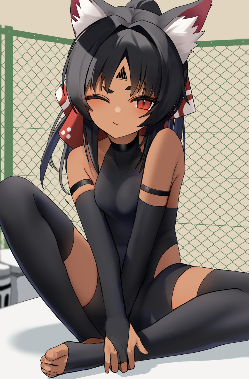 1girl, absurdres, animal_ear_fluff, animal_ears, black_hair, blush, cat_ears, cat_girl, closed_mouth, dark-skinned_female, dark_skin, feet, highres, long_hair, looking_at_viewer, nekomiya_mana, one_eye_closed, outdoors, parted_bangs, red_eyes, sidelocks, sitting, solo, stirrup_legwear, thomas_8000, toeless_legwear, toenails, toes, zenless_zone_zero