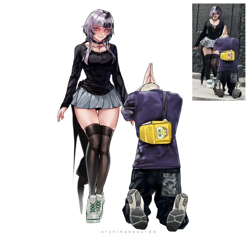 1boy, 1girl, absurdres, archimedesu99, arms_at_sides, begging, black_choker, black_footwear, black_hair, black_pantyhose, blonde_hair, breasts, choker, collarbone, cross, cross_necklace, full_body, glowing, glowing_eyes, goth_fashion, grey_skirt, hair_over_shoulder, highres, hololive, hololive_english, jewelry, kneeling, looking_at_another, looking_down, medium_breasts, multicolored_hair, necklace, orange_eyes, pantyhose, praying, purple_shirt, real_life, real_life_insert, shiori_novella, shirt, shoes, simple_background, skirt, smile, sneakers, spongebob_squarepants, spongebob_squarepants_(series), streaked_hair, thighhighs, virtual_youtuber, white_background, white_hair, zettai_ryouiki
