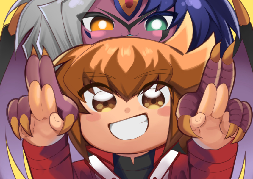 1boy, 1other, :3, black_shirt, blue_hair, blush_stickers, brown_eyes, brown_hair