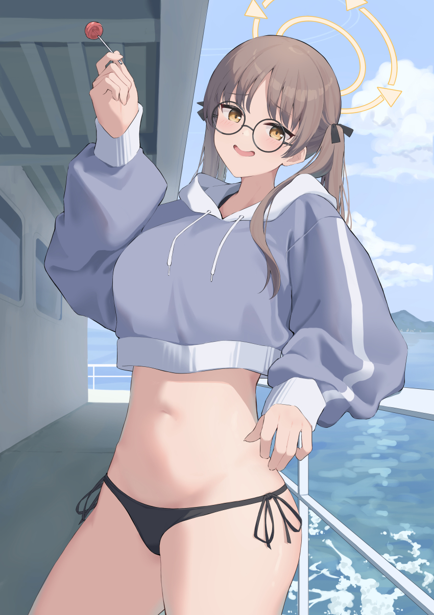 1girl, absurdres, bikini, bikini_bottom_only, black-framed_eyewear, black_bikini, black_ribbon, blue_archive