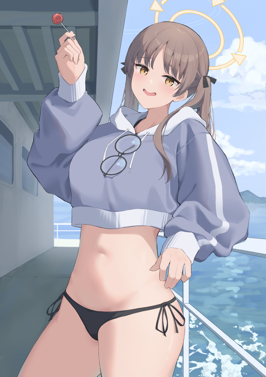 1girl, absurdres, bikini, bikini_bottom_only, black-framed_eyewear, black_bikini, black_ribbon, blue_archive