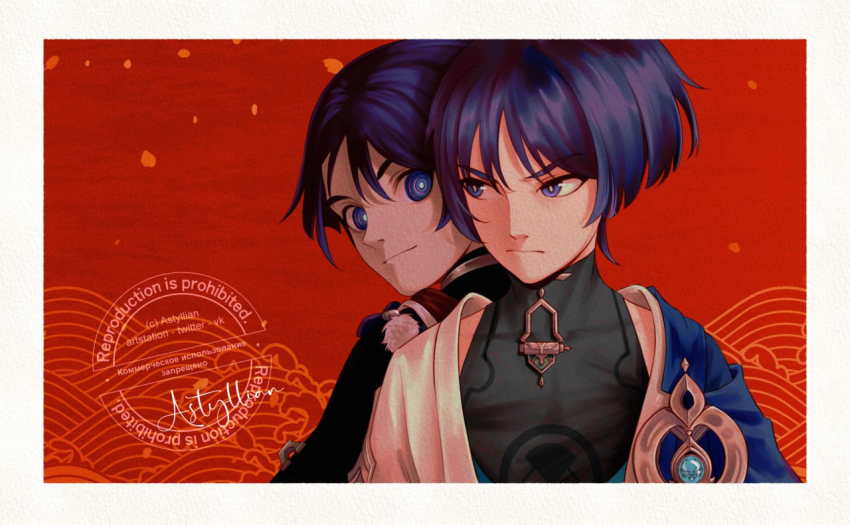 2boys, anemo_symbol_(genshin_impact), artist_name, astyllian, back-to-back, black_bodysuit, black_kimono, blue_cape