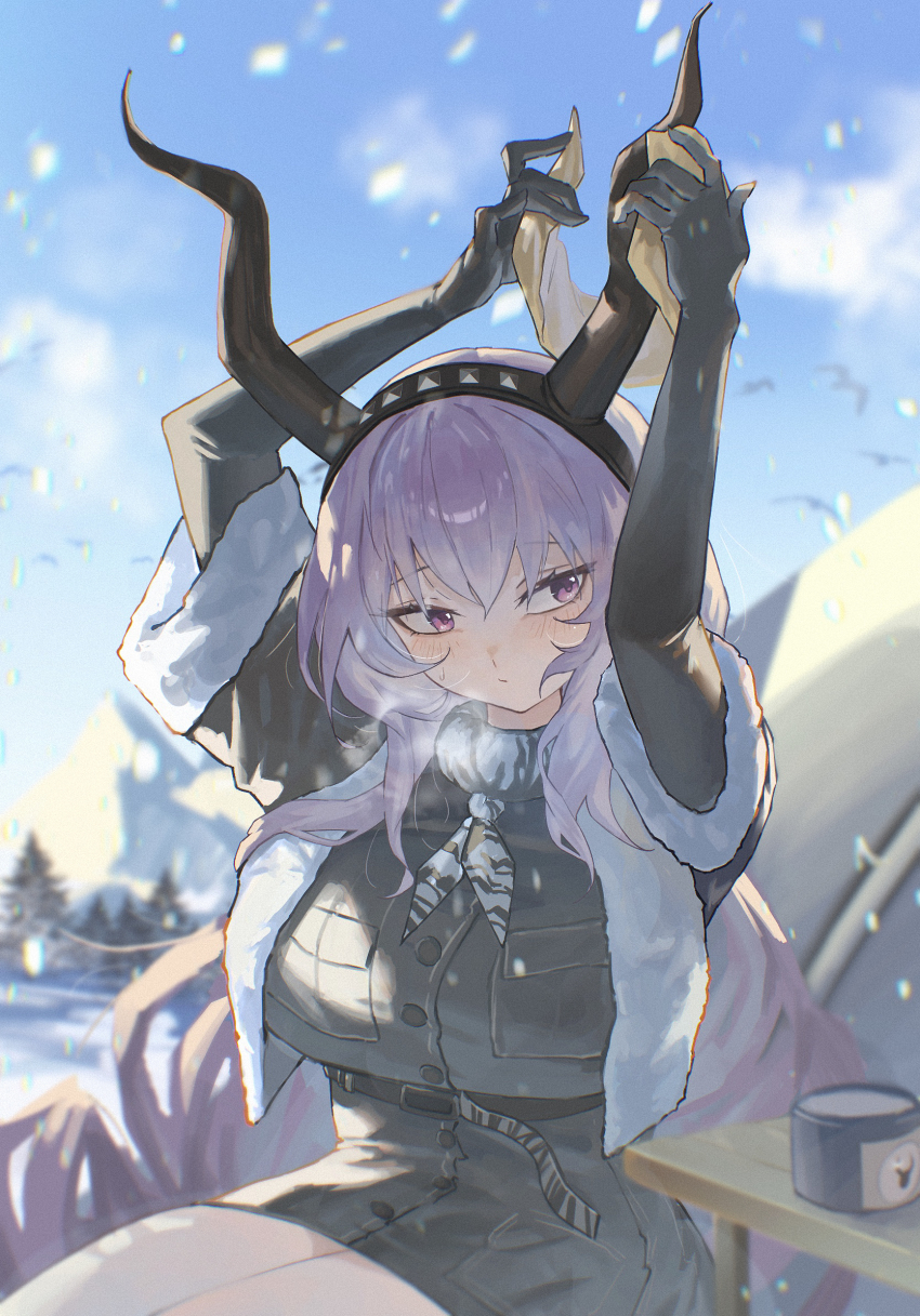 1girl, arknights, arms_up, bird, black_bird, black_gloves, blue_sky, blurry