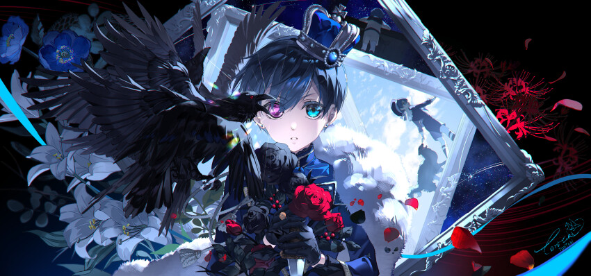 1boy, absurdres, bird, bishounen, black_flower, black_gloves, black_rose, blue_bow, blue_crown, blue_eyes, blue_flower, blue_jacket, bow, ciel_phantomhive, crow, crown, dagger, earrings, flower, gloves, heterochromia, highres, himalayan_poppy_(flower), holding, holding_dagger, holding_knife, holding_weapon, jacket, jewelry, knife, kuroshitsuji, leaf, lily_(flower), looking_at_viewer, male_focus, ouji_fashion, parted_lips, petals, picture_frame, purple_eyes, red_flower, red_petals, red_rose, ring, rose, short_hair, solo, spider_lily, symbol-shaped_pupils, toritoki, weapon, white_flower, white_lily