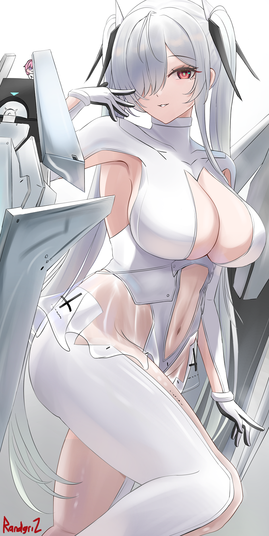 1girl, armpit_cutout, blue_eyes, bodysuit, breasts, cinderella_(nikke), cleavage, cleavage_cutout