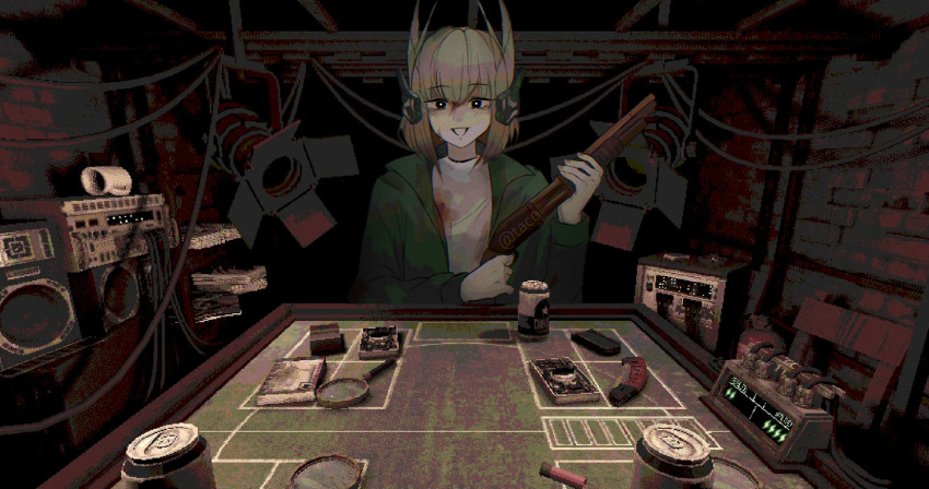1girl, blood, blood_on_clothes, blood_on_face, buckshot_roulette, can, casino_card_table, green_jacket