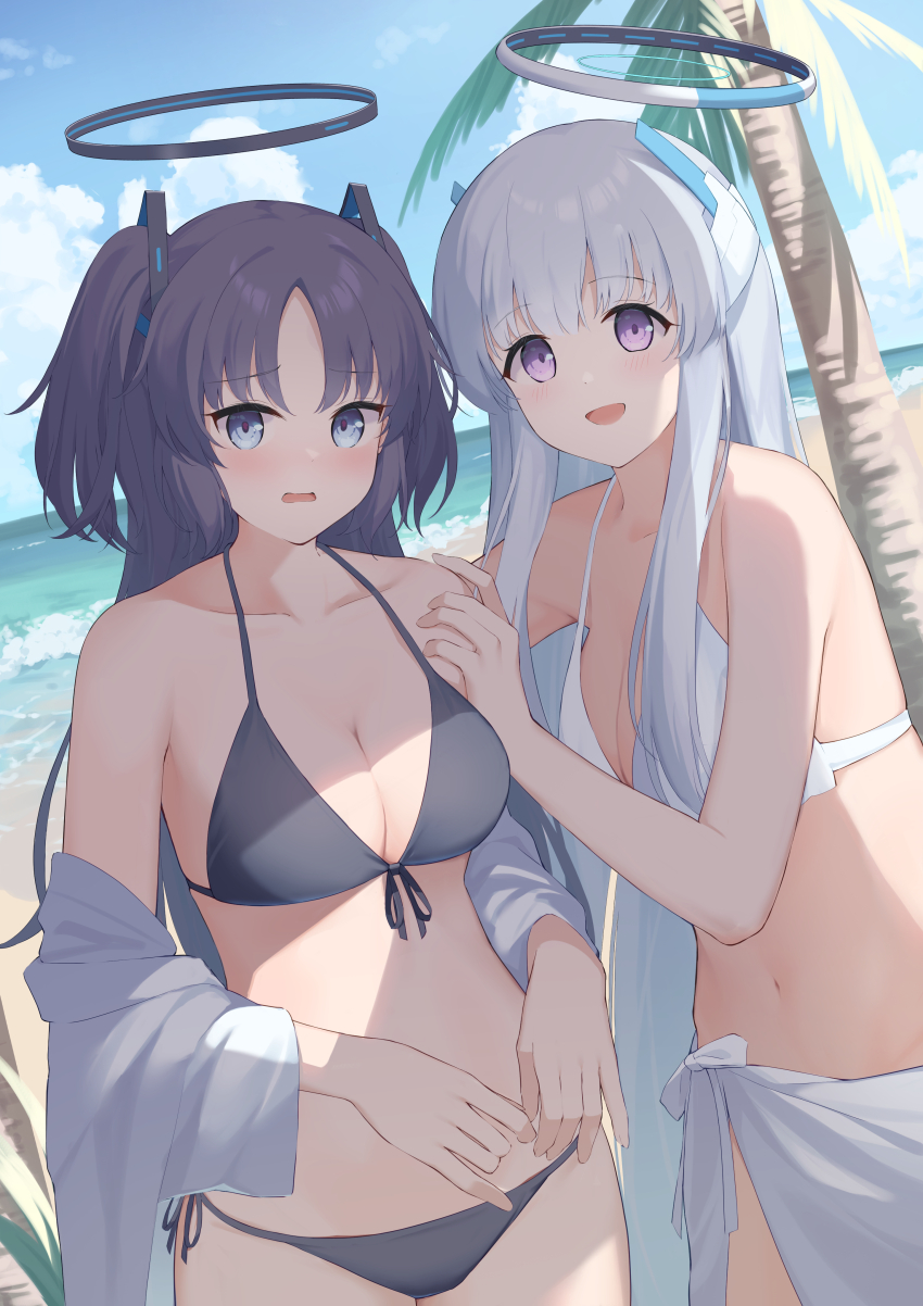 2girls, :d, absurdres, alternate_costume, bare_shoulders, bikini, black_bikini, blue_archive