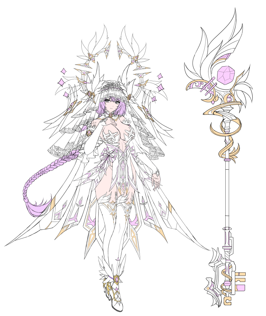 1girl, absurdres, alternate_costume, braid, braided_ponytail, breasts, crossed_bangs, detached_sleeves, dress, hair_between_eyes, halo, highres, ishmael:_parhelion_(pgr), ishmael_(pgr), kaien123, large_breasts, layered_sleeves, long_hair, long_sleeves, mechanical_halo, pasties, punishing:_gray_raven, purple_hair, solo, staff, thighhighs, veil, very_long_hair, white_dress, white_thighhighs