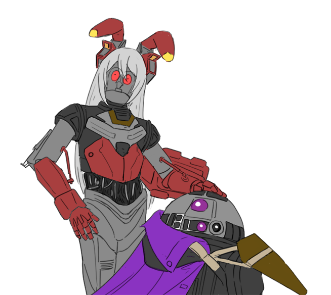 animal_ears, astromech_droid, c-3po, cape, commentary_request, cowboy_shot, droid, fake_animal_ears