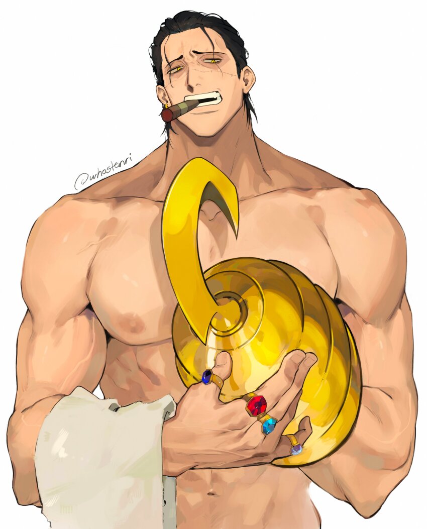 1boy, abs, absurdres, aqua_gem, arms_up, bara, black_hair, blue_gem