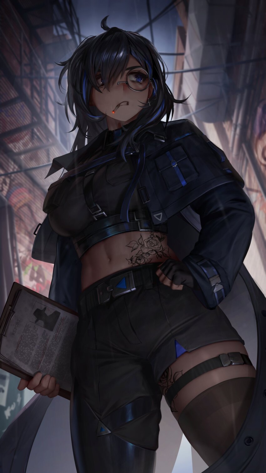 1girl, absurdres, ahoge, alley, asymmetrical_clothes, asymmetrical_pants, ayase_yuu, ayase_yuu_(1st_costume)