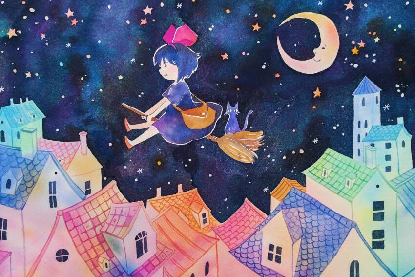 1girl, animal, bag, broom, broom_riding, child, commentary, dress