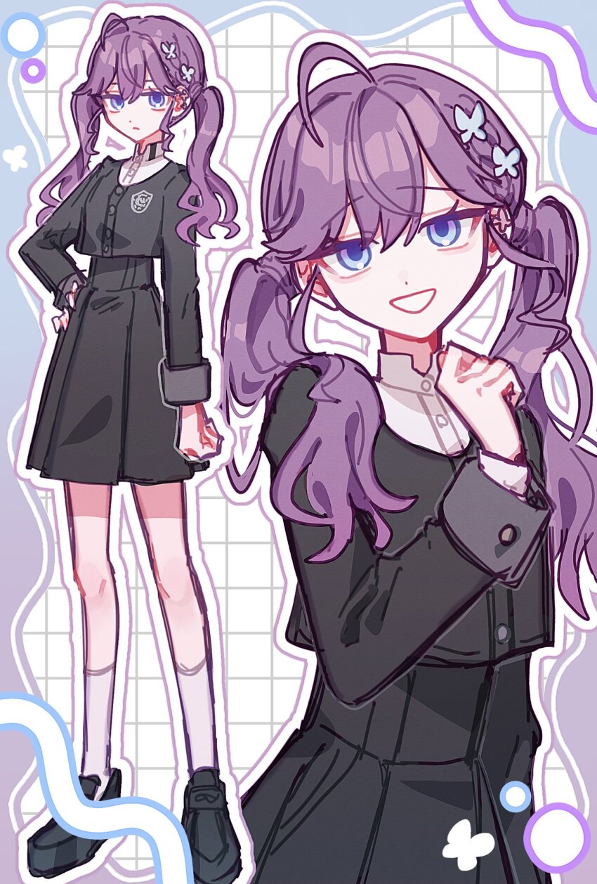 1girl, ahoge, bags_under_eyes, black_jacket, black_skirt, braid, brown_hair, butterfly_hair_ornament