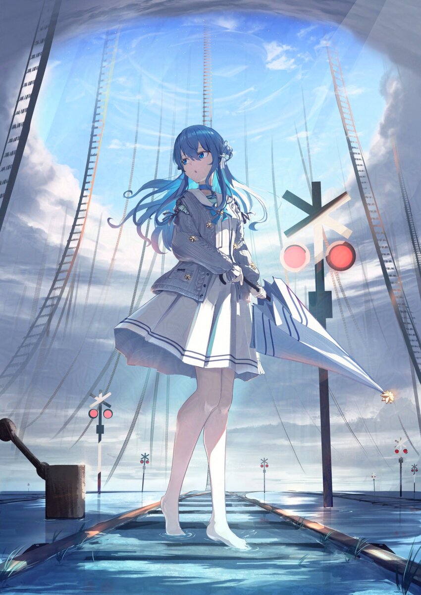 0gen3_illust, 1girl, aran_sweater, bare_legs, barefoot, blue_bow, blue_bowtie, blue_choker