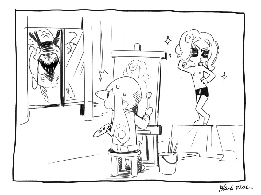 1boy, 1girl, bike_shorts, black_border, border, bucket, bulging_eyes, easel