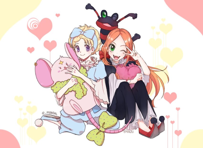 2girls, artist_collaboration, bird, blanca_(sugar_sugar_rune), blonde_hair, blue_headband, chocolat_meilleure, commentary_request, duck, duke_(sugar_sugar_rune), fangs, full_body, green_eyes, headband, korean_commentary, m00ndal, multiple_girls, nalpu_for_love, one_eye_closed, orange_hair, pajamas, pillow, pom_pom_(cheerleading), purple_eyes, short_hair, smile, sugar_sugar_rune, twintails, twitter_username, v, vanilla_mieux