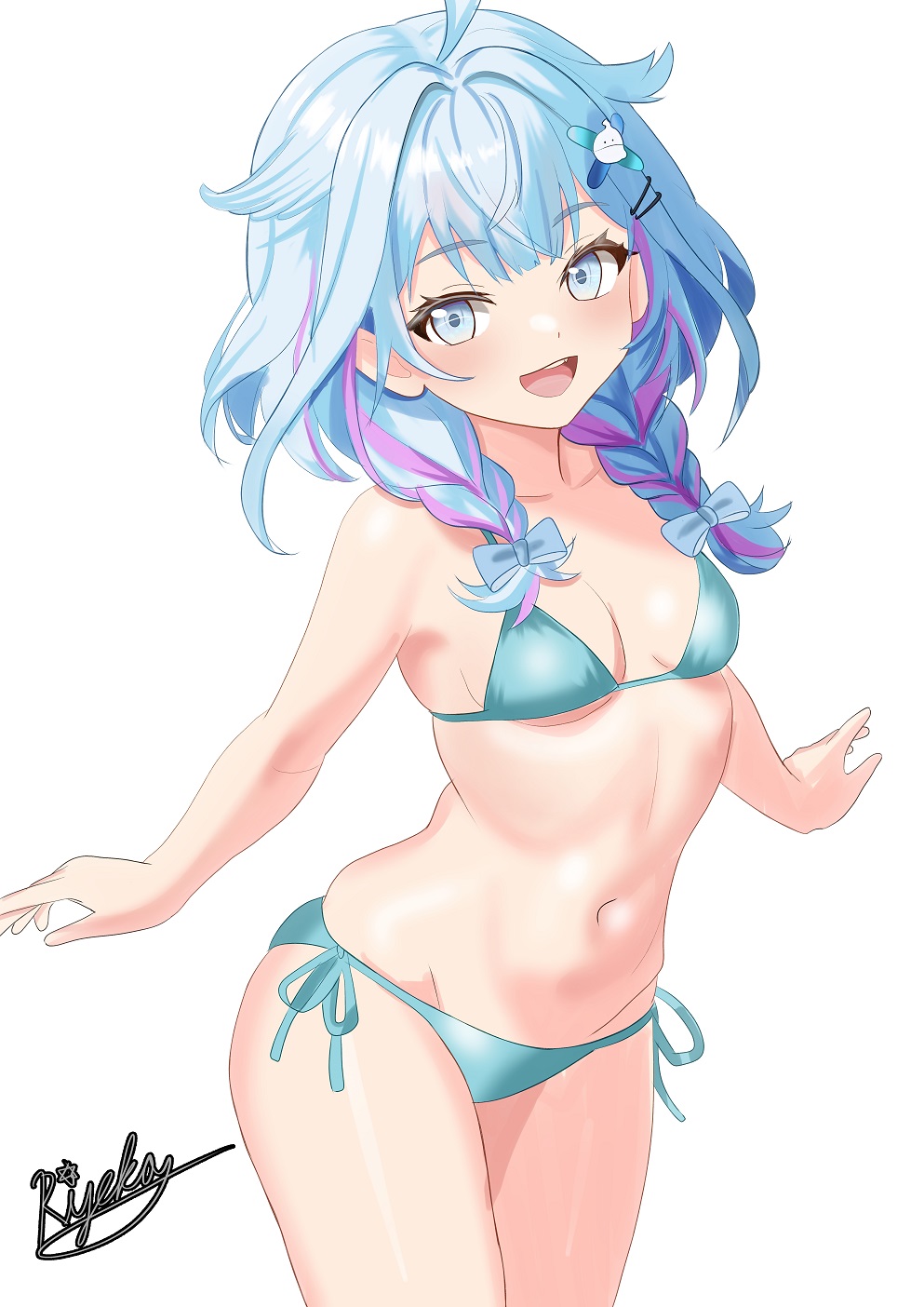1girl, ahoge, bikini, blue_bikini, blue_eyes, blue_hair, braid, breasts