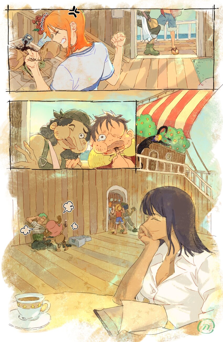 2girls, 5boys, ^_^, absurdres, anger_vein, antlers, black_hair, blonde_hair, blue_shorts, blunt_bangs, bruise, bruise_on_face, clenched_hand, closed_eyes, collared_shirt, cup, green_hair, haramaki, hashtag-only_commentary, hat, highres, horns, injury, long_nose, monkey_d._luffy, multiple_boys, multiple_girls, nami_(one_piece), nami_(one_piece)_(east_blue), nico_robin_(alabasta), one_piece, orange_hair, overalls, pink_hat, puff_of_air, reindeer_antlers, roronoa_zoro, sandals, sanji_(one_piece), shirt, short_hair, shorts, sidelocks, siyangou49, smile, straw_hat, straw_hat_pirates, striped_clothes, striped_shirt, tony_tony_chopper, two-tone_shirt, usopp, white_shirt